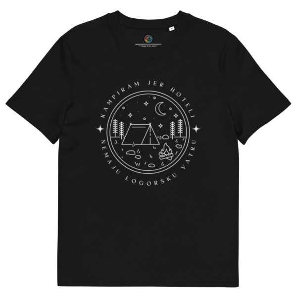 Kratka majica s natpisom "Kampiram jer hoteli nemaju logorsku vatru" - organski pamuk